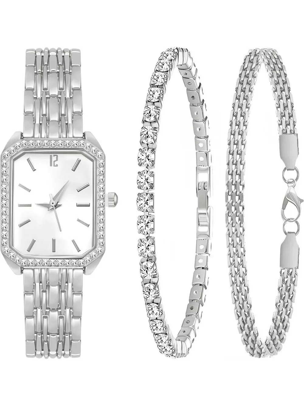 Women's Silver Stainless Steel Gold Plated Square Bangle Bracelet =Wrist Watch